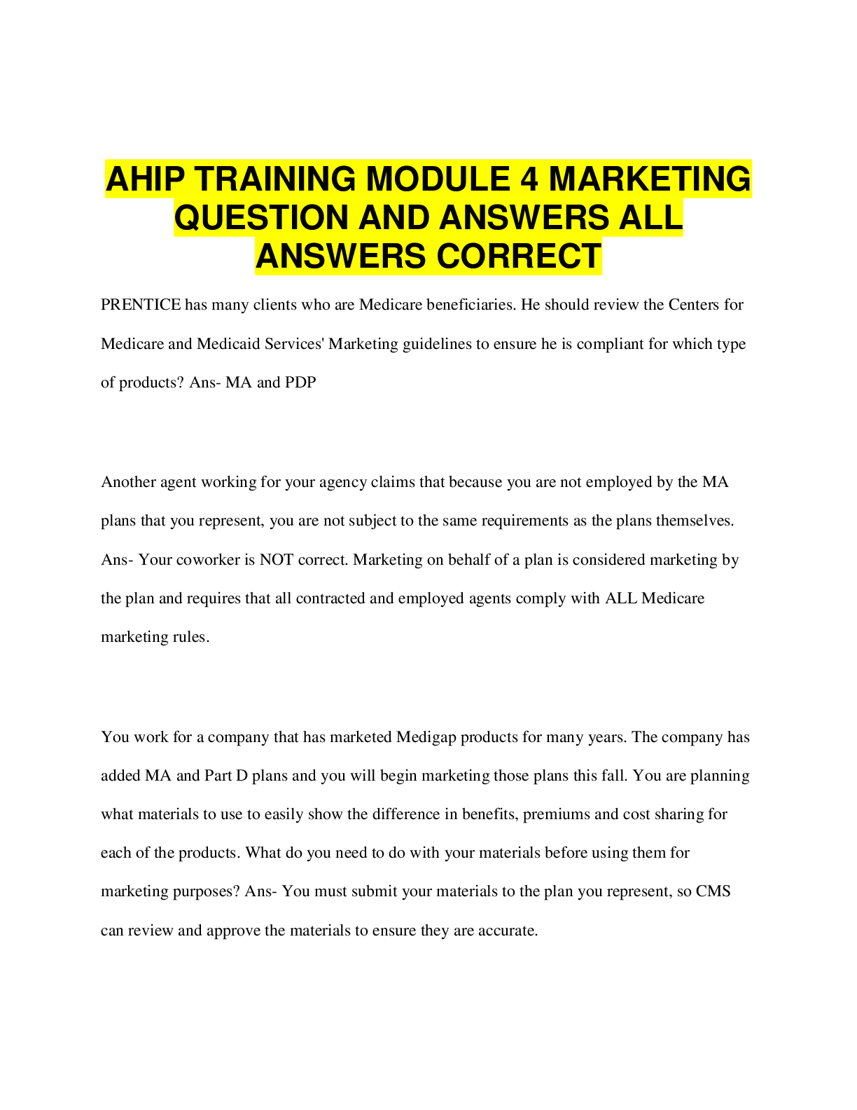 Preview image for AHIP TRAINING MODULE 4 MARKETING QUESTION AND ANSWERS ALL  ANSWERS CORRECT
